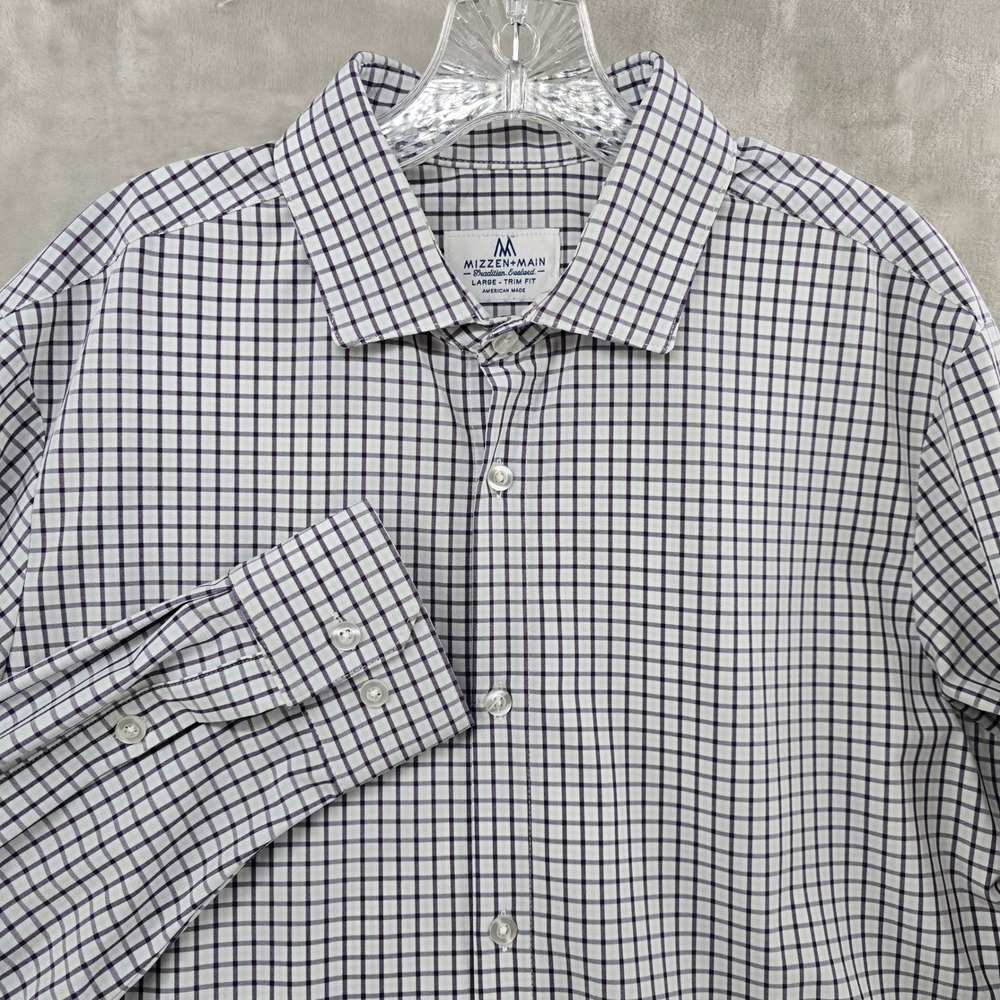 Mizzen Main Dress Shirt Mens Large White Navy Check Trim Fit Performance Stretch